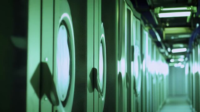 Server room corridor with long rows of powerful racks creating a deep perspective and conveying concepts of modern technology, computing, and digital infrastructure