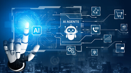 Fototapeta premium AI agents power automation for commerce, customer service, analytics and media operations, connecting tools and data to deliver faster decisions and scalable digital transformation. Corpus