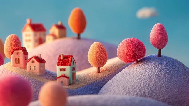 Charming miniature village with colorful trees and houses under a blue sky