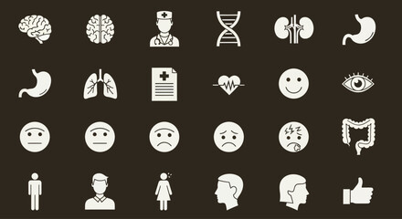 Fototapeta premium Medical Icons Set: Health, Anatomy, Emotions, and People - White on Dark