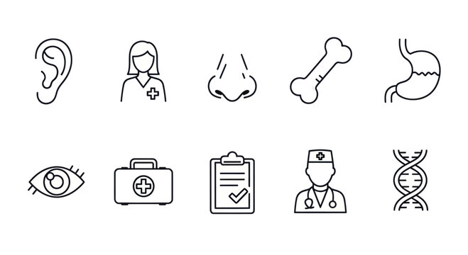 Medical Icons: Ear, Doctor, Nose, Bone, Stomach, Eye, First Aid, Clipboard, DNA