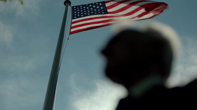 Person older adult male silhouette saluting a large American flag waving in the background with patriotism