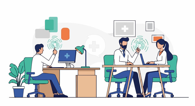 Medical professionals collaborating in a modern office setting.