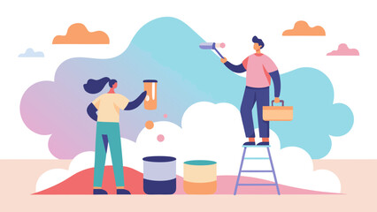 Two painters collaborating on a mural project outdoors with ladders and paint buckets. Vector © Rana Islam