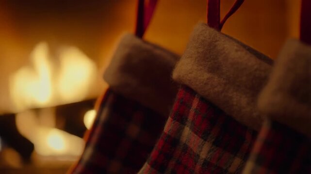 Stockings tartan plaid hanging by fireplace with cozy warm glow for Christmas celebration holiday season