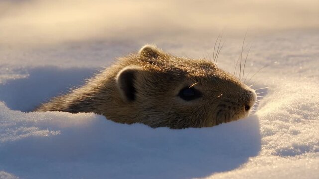 Groundhog snout peeking from snowy burrow during golden hour morning light, a close-up view of its furry face