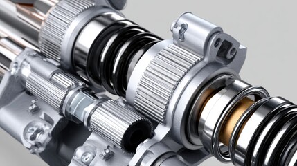 Fototapeta premium Close-up of modern engine components with metal springs and precision gears. High detail mechanical system with polished steel parts. Automotive engineering and industrial technology concept
