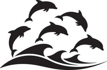 Obraz premium Vector Silhouette of Five Dolphins Jumping out of Ocean Waves, Minimalist Black Icon on White Background