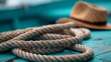 Fototapeta premium Coiled natural fiber rope arranged on a weathered turquoise wooden surface with a straw hat placed nearby, evoking a nautical or seaside theme