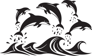 Obraz premium Vector Silhouette of Five Dolphins Jumping out of Ocean Waves, Minimalist Black Icon on White Background
