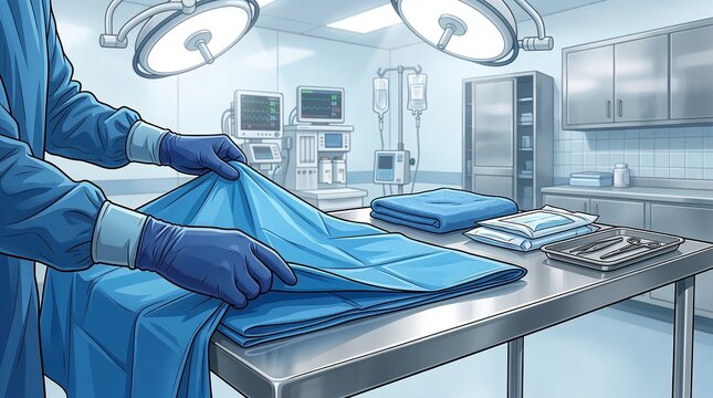 Healthcare worker folding blue surgical sheets in operating room  