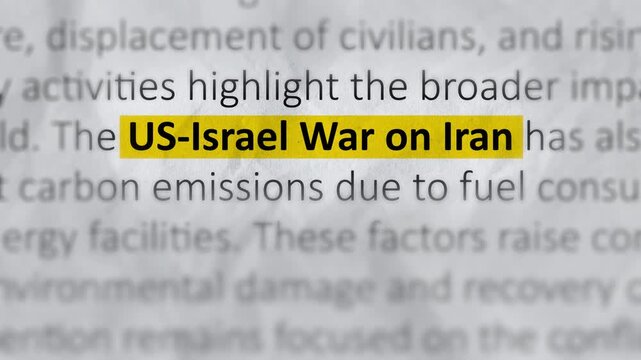 US Israel War on Iran. Global Security, Geopolitical Tensions, Oil Markets, Energy Supply, Military Conflict, Trade Disruptions. Highlighted US-Israel War on Iran. 4K 2D Loop Video Animation