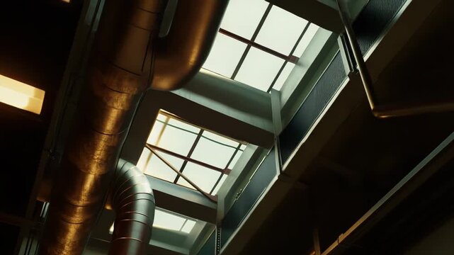 Industrial interior with exposed metal pipes and hvac ducts under skylights, geometric lines and bright natural light highlighting modern ceiling structure and utility systems