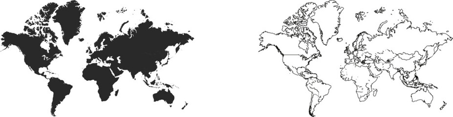 World map illustration dark silhouette and outline versions for glob © vector designer