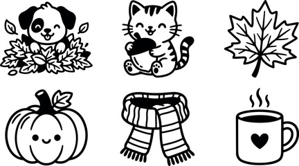 Cute puppy and kitten with acorn pumpkin scarf and hot drink autumn icons black and white © DesignVectX