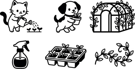 Black and white line art cat watering plants and dog carrying potted plant with greenhouse and seedlings © DesignVectX