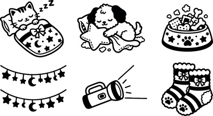 Black and white line art sleeping kitten and puppy with pet accessories © DesignVectX