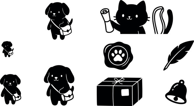 Dog carrying satchel cat with scroll feather and bell icons