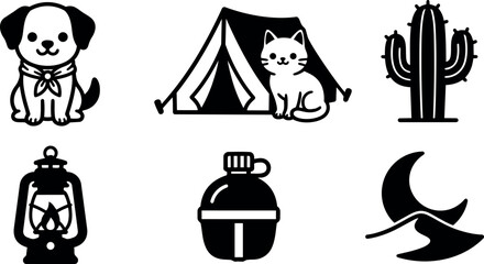 Naklejka premium Black and white camping icons with dog cat tent cactus lantern canteen and moon desert