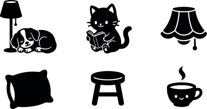 Black and white cat reading book dog sleeping with lamp and cozy home icons