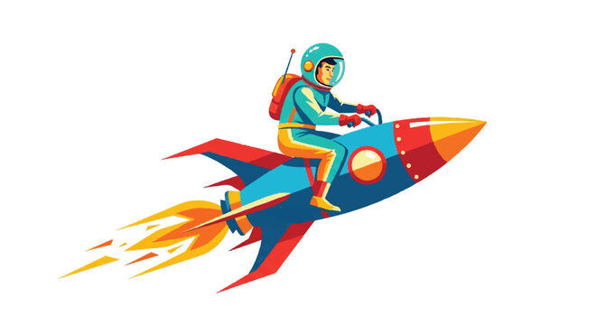 Astronaut riding rocket isolated on white background vector illustration