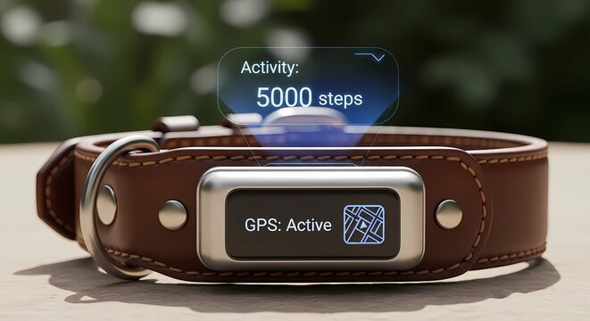 High-tech leather pet collar with a digital GPS tag and holographic activity tracker displaying 5000 steps count