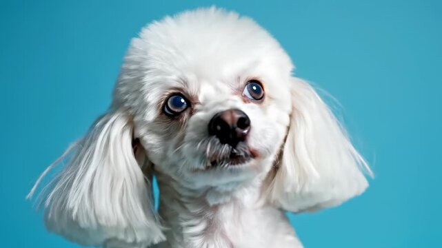 This features a close-up shot of a small white dog with a freshly groomed haircut. The dog has long, floppy ears and big blue eyes, and it looks up at something off camera with an adorable expression