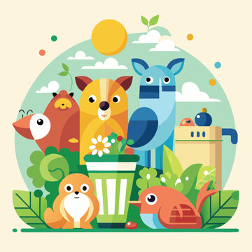 Cartoon animals and plants with trash can outdoors in nature