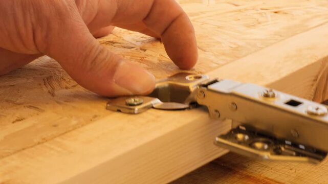 Extreme close-up of attaching door hinge to new position using screw and electric screwdriver. Wooden furniture production. Work in woodworking shop. Eco-friendly handmade furniture.