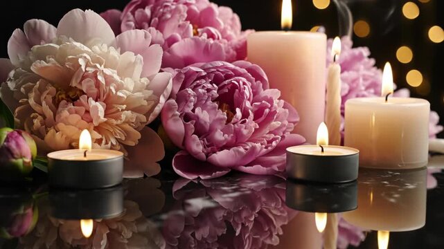 Still life of soft pink and white peonies arranged with various lit candles on a polished black marble table featuring a clear reflection and a golden bokeh light background.