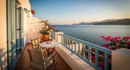 Obraz premium Serene Mediterranean seaside balcony with ocean view at sunset