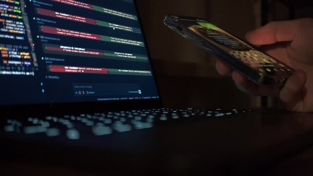 Programmer scrolling phone while AI generates code on laptop screen. Vibecoding