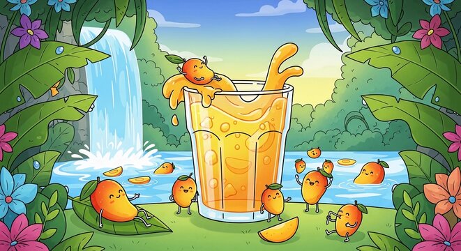 Cartoon Mango Juice With Happy Mango Characters in Tropical Jungle Scene