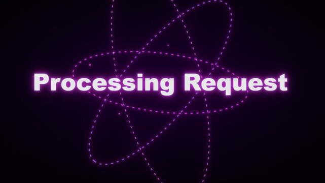Glowing neon text processing request with abstract purple orbits and dashed lines on dark