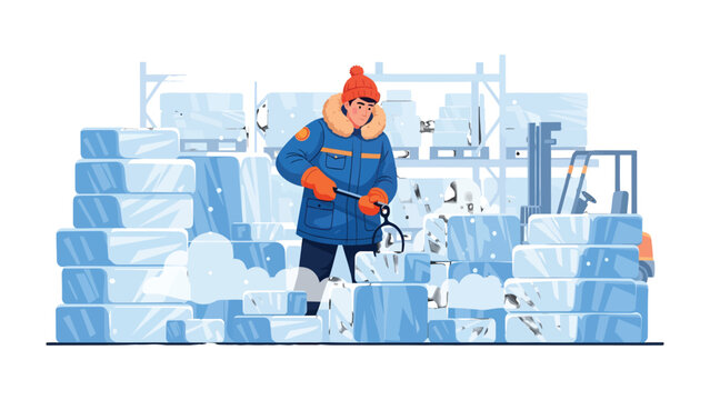 Ice Block Factory: A worker skillfully chisels at ice block in an ice factory, surrounded by towering stacks of frozen blocks. The scene showcases an industrial process.
