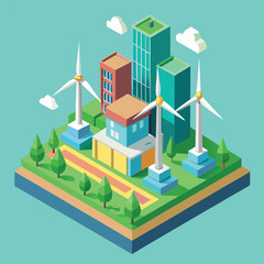Naklejka premium Isometric illustration of city with wind turbines and buildings sustainable urban environment