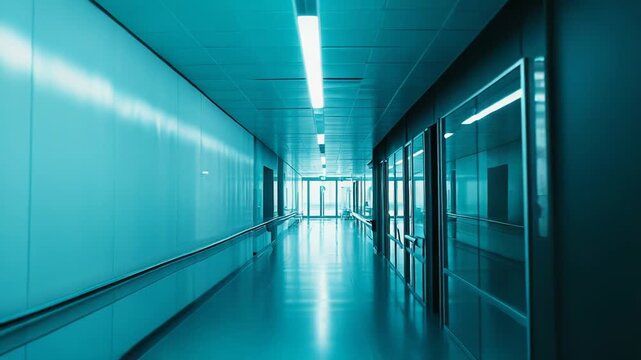 Long, deserted medical corridor inside a healthcare facility, featuring an empty patient gurney and an iv pole, illuminating concepts of loneliness and isolation in a blue clinical environment