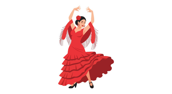 A vibrant illustration depicts a flamenco dancer in a red dress arms raised in passionate motion silhouette high quality professional detailed