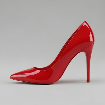 Striking glossy red stiletto high heel pump stands elegantly showcasing sharp pointed toe design