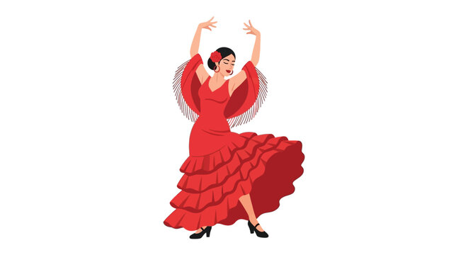 A vibrant illustration depicts a flamenco dancer in a red dress arms raised showcasing passionate movement silhouette high quality professional