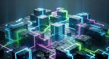 Obraz premium A futuristic cityscape with neon lights and glowing circuits on a dark background with technology and innovation