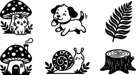 Obraz premium Black and white cute cat under mushroom and playful dog holding bone vector art