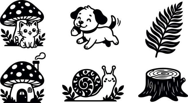 Black and white cute cat under mushroom and playful dog holding bone vector art