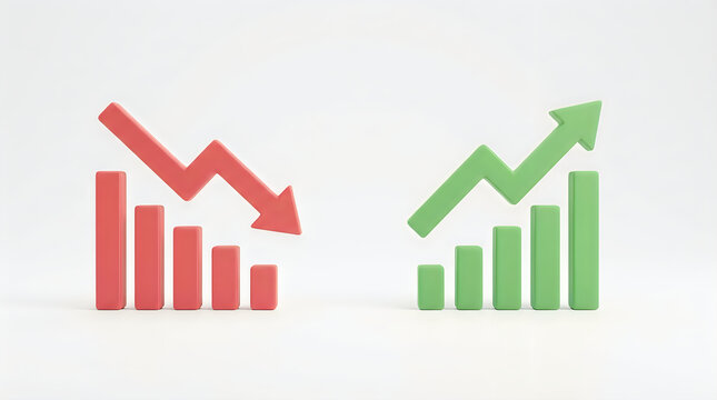 Business growth, finance, graph icons, red and green arrows, bar charts