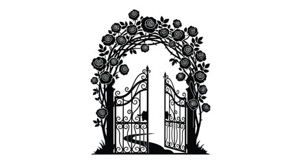 An ornate black wrought iron gate adorned with roses and foliage presented as a striking silhouette high quality professional detailed modern © Creativekhairul02