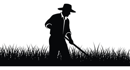 A striking black silhouette of a man with a hat seemingly mowing grass in a field silhouette high quality professional detailed © Creativekhairul02
