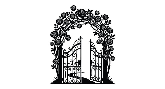 An ornate black wrought iron gate adorned with roses and foliage presented as a striking silhouette high quality professional detailed modern