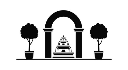 A striking black silhouette depicts an ornamental garden with a tiered fountain and arched gateway silhouette high quality professional detailed modern © Creativekhairul02