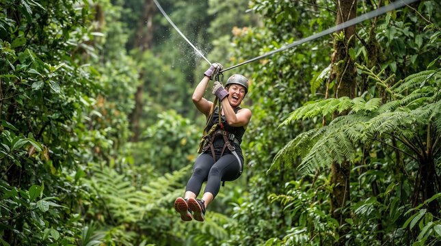 Young woman zip-lining through lush green forest enjoying adventure  