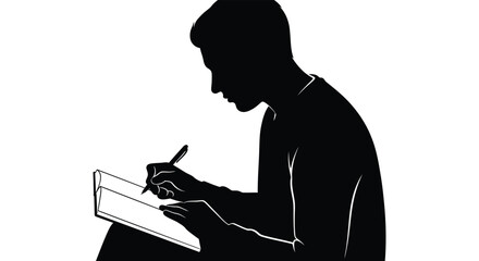 A dark silhouette of a man writing in a notebook suggesting thought and creativity a striking silhouette high quality professional detailed © CreativeAkash099